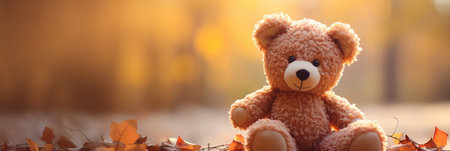 Teddy bear sitting on autumn leaves in sunny forest. Banner.の素材