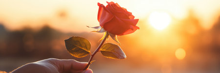 Female hand holding a red rose on sunset background. Copy space.の素材