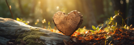 Heart shaped wooden object in the forest. Love and romance concept.の素材