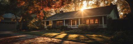 Panoramic view of a beautiful house in the countryside during sunsetの素材