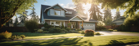 Beautiful house in the countryside. Panoramic view of a beautiful summer gardenの素材