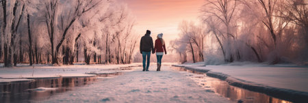 Couple walking on a frozen river at sunset. Winter walk.の素材