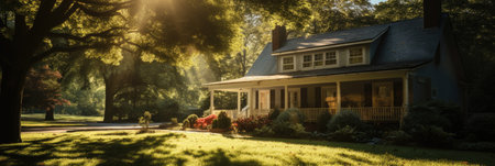 Old house in the park at sunset. Vintage home in the countryside.の素材