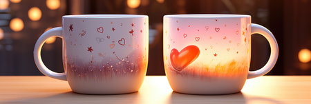 Two cups of coffee on wooden table. Valentines day background.の素材