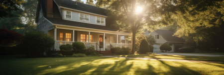 Beautiful home in the evening light with sunbeams shining through the treesの素材