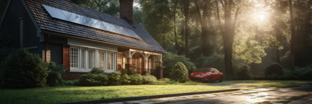 Wooden house with solar panels on the roof and a red carの素材