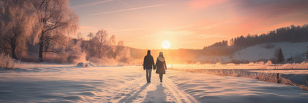 Man and woman walking on a snowy road in the winter at sunsetの素材