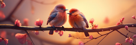 Two birds on a branch of blooming sakura in the rays of the setting sunの素材
