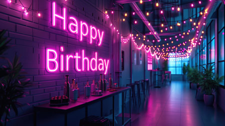 A modern and stylish design with neon lights spelling out "Happy Birthday" against a dark background. simple cartoon happy birthday background with the inscription "happy birthday" on itの素材