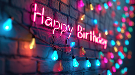 A modern and stylish design with neon lights spelling out "Happy Birthday" against a dark background. simple cartoon happy birthday background with the inscription "happy birthday" on itの素材