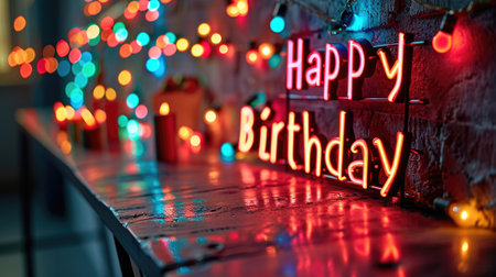 A modern and stylish design with neon lights spelling out "Happy Birthday" against a dark background. simple cartoon happy birthday background with the inscription "happy birthday" on itの素材