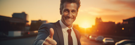 Smiling businessman showing thumbs up against blurred image of city at sunsetの素材