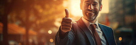 Cheerful businessman showing thumbs up outdoors, panoramic bannerの素材
