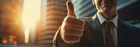 Close-up of smiling businessman showing thumbs up against cityscape backgroundの素材