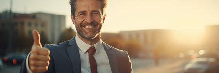 Handsome businessman in suit is showing thumbs up and smiling while standing outdoorsの素材