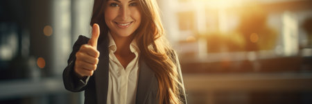 Smiling businesswoman showing thumbs up in office, panoramic bannerの素材