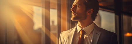 Handsome businessman in suit looking away in office, panoramic bannerの素材