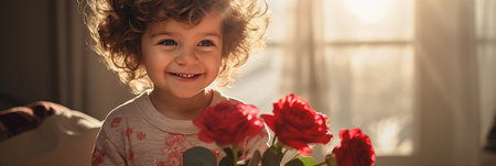 beautiful little girl with bouquet of red roses looking at cameraの素材