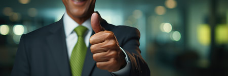 Businessman showing thumbs up on blurred background, panoramic bannerの素材