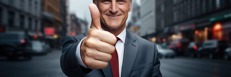 businessman showing thumbs up on the city street, panoramic bannerの素材