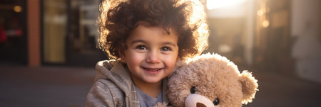 Portrait of cute little boy with teddy bear on the streetの素材
