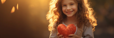 Cute little girl holding red heart in her hands and smiling.の素材