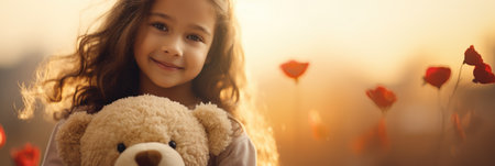 Cute little girl with teddy bear in poppy field at sunsetの素材