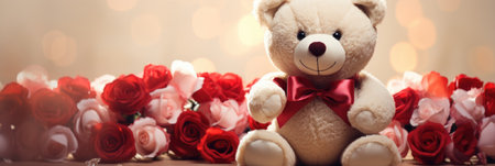 Teddy bear with red roses bouquet on bokeh backgroundの素材