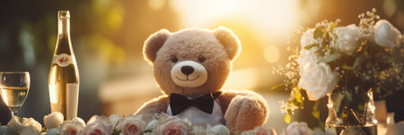 Teddy bear with glasses of champagne and bouquet of roses.の素材