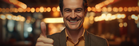 Portrait of a smiling man showing thumbs up in a pub.の素材