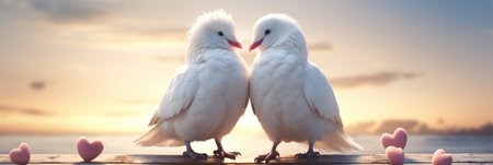 Pair of white doves on the background of the setting sunの素材