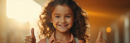 portrait of smiling little girl showing thumbs up and looking at cameraの素材
