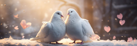 Two white doves in love on the background of a winter forestの素材