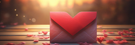 Valentine's day background. Red heart and envelope on wooden table.の素材