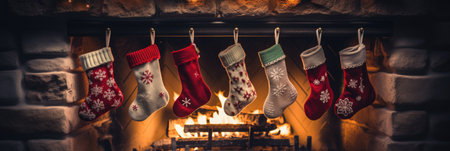 Christmas socks hanging in front of a fireplace. Winter holidays concept.の素材