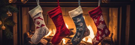Christmas socks in front of a fireplace. Holidays and celebration concept.の素材