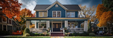 Panoramic view of beautiful classic American house in autumn.の素材