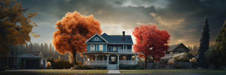 Autumn landscape with old house and maple trees.の素材
