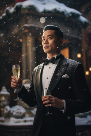 Handsome asian man in tuxedo with glass of champagne in snowy winter cityの素材