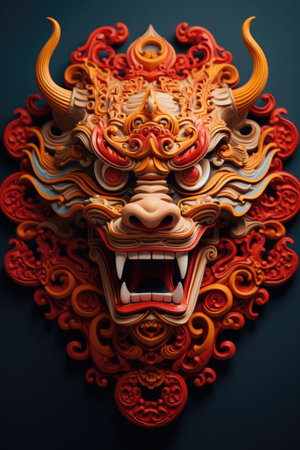 Chinese traditional mask on black background, closeup of face, copy spaceの素材