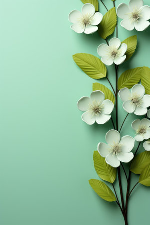 Creative layout made of white flowers on green background. Flat lay, top view, copy spaceの素材