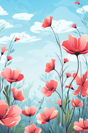Vector floral background with red poppies and blue sky with cloudsの素材