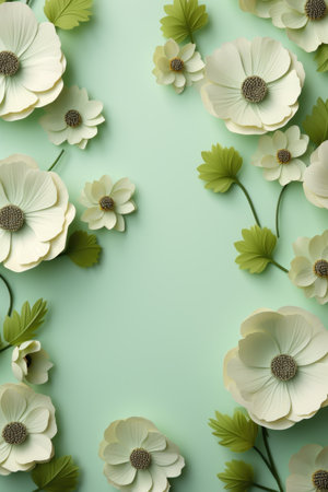 Flower frame on pastel green background. Flat lay, top view.の素材