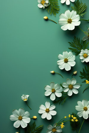 White cosmos flowers on green background. Flat lay, top view, copy spaceの素材