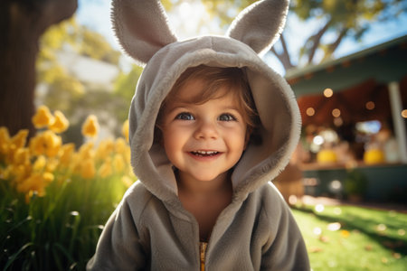 Summer portrait of cheerful baby with rabbit ears in a sunny day.の素材