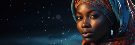 Traditional elegance meets the cosmic as an African woman stands against a starry canvasの素材