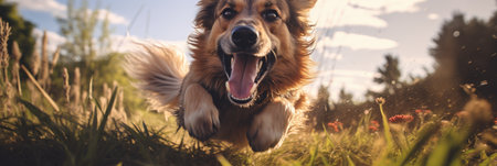 Playful happy cute smiling pet dog puppy running, jumping in the grass.の素材