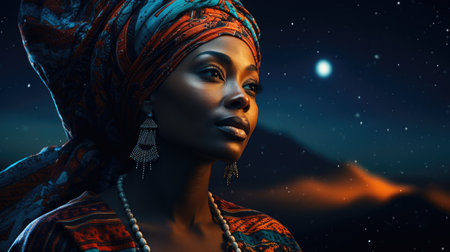 The celestial backdrop frames a beautiful African woman adorned in cultural garments.の素材