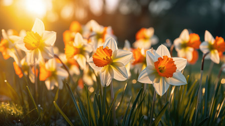 White daffodils in the garden at sunset.の素材