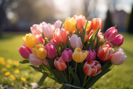 beautiful tulips on a sunny green lawn backgroundの素材